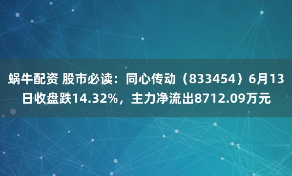 蜗牛配资 股市必读：同心传动（833454）6月13日收盘跌14.32%，主力净流出8712.09万元