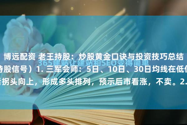 博远配资 老王持股：炒股黄金口诀与投资技巧总结：一、三不卖原则（持股信号）1. 三军会师：5日、10日、30日均线在低位汇合后拐头向上，形成多头排列，预示后市看涨，不卖。2. 双管齐下：长期下跌后出现两根...
